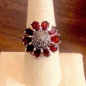 Vintage Garnet Marcasite Ring In Floral Cocktail Ring Sz 8-3/4